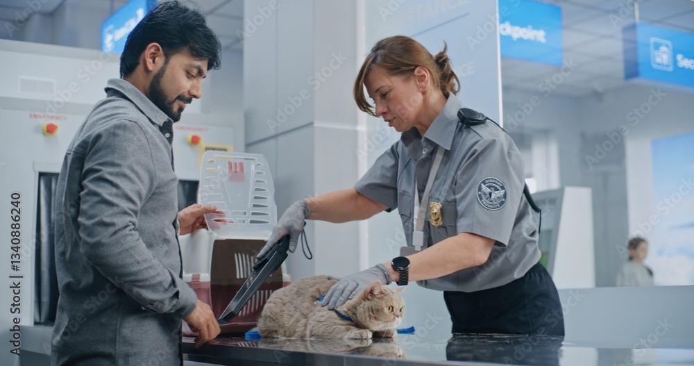 Obraz premium Airport Terminal: Indian Man with Pet at Security Checkpoint. Female Security Officer Scanning Cat Using Metal Detector, Placing in Carrying Case. Mature Man with Dog in Queue for Screening Procedure.