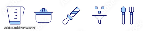 squeezer, rasp, measure cup, cutlery, filter. Utensil Icon vector illustration. Line Duotone style. Editable stroke