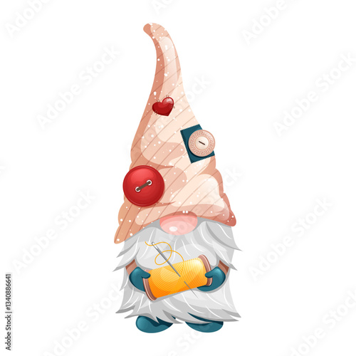 Gnome dwarf tailor with puffy beard in cap holding skein of thread for sewing. Vector illustration