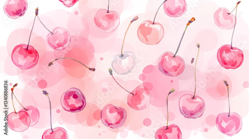 Watercolor red cherries on white background seamless vector pattern