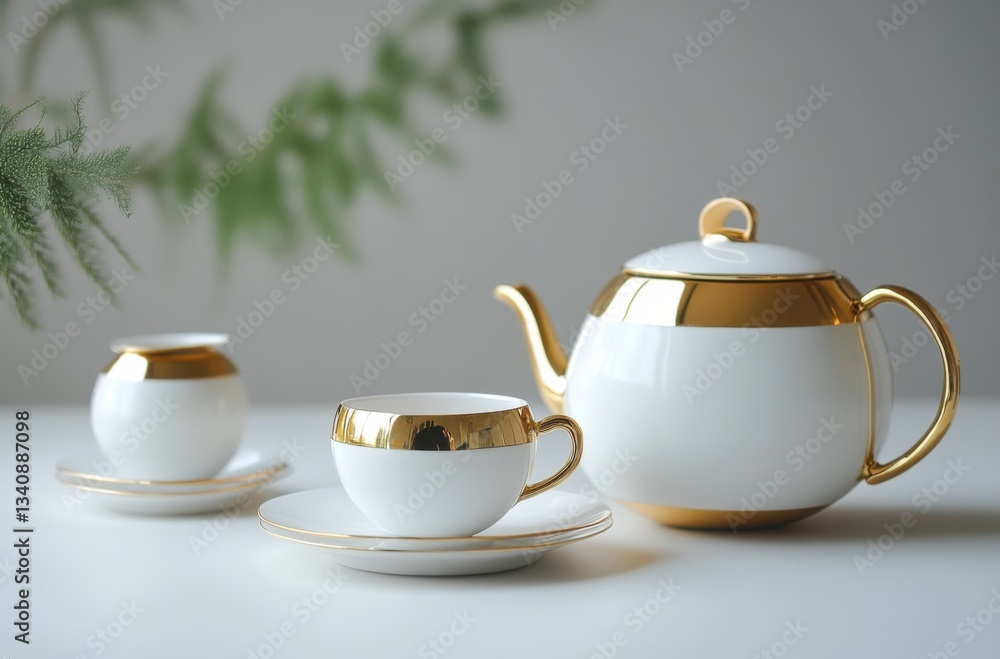 Fototapeta premium Elegant tea set with gold accents, minimal white