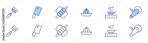 Utensil icon set in two styles, Duotone and Thin Line style. Editable stroke. juicer, pan, fork, butcher, dough, polisher