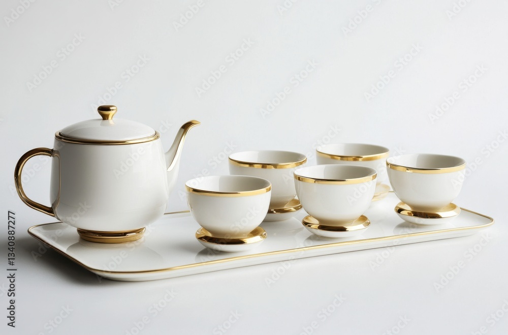 Elegant tea set with gold accents, minimal white Elegant tea set with gold accents, minimal white