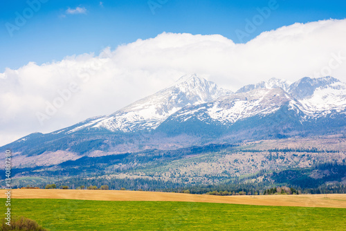 Obraz na płótnie tatra mountain landscape in spring. scenic nature of europe for travel. slovakia countryside scenery with snow on the peak. beautiful alpine view with blue sky and cloud for tourism w salonie