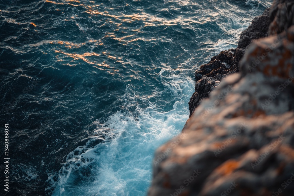 Obraz premium Ocean Waves Crashing Against Rocky Shoreline at Sunset with Dramatic Lighting