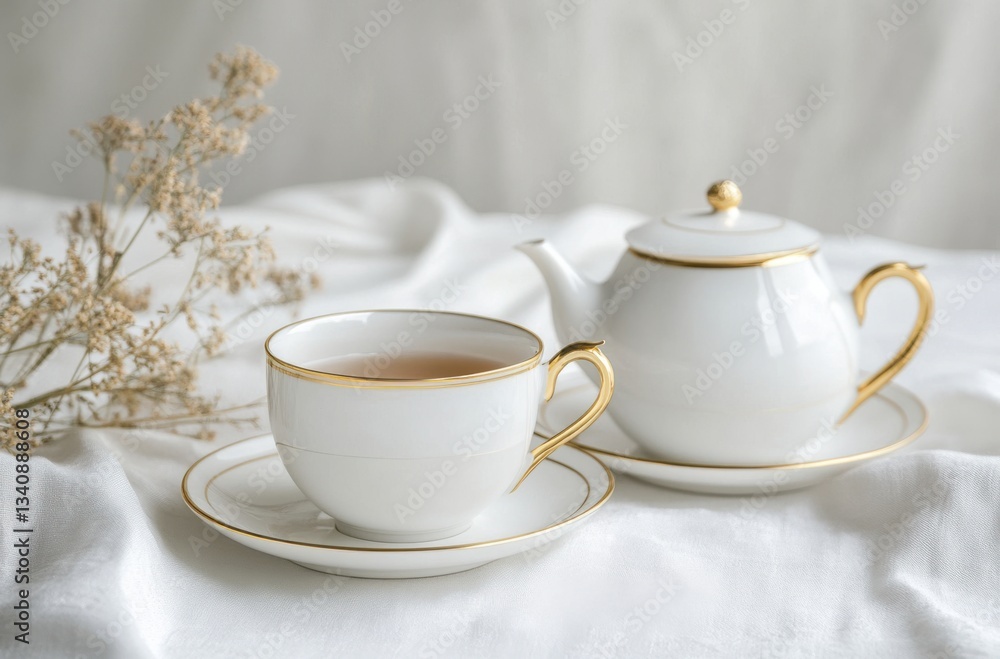 Elegant tea set with gold accents, minimal white Elegant tea set with gold accents, minimal white