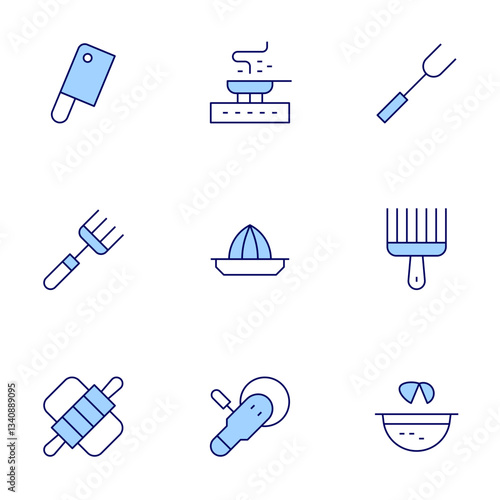 Utensil icons set. Line Duotone style, editable stroke. afro comb, fork, juicer, pan, egg, butcher, dough, polisher