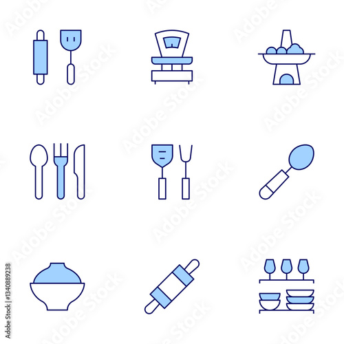 Utensil icons set. Line Duotone style, editable stroke. kitchen cabinet, spoon, pot, scale, dough, kitchen tools, cooking utensils, soup, cutlery