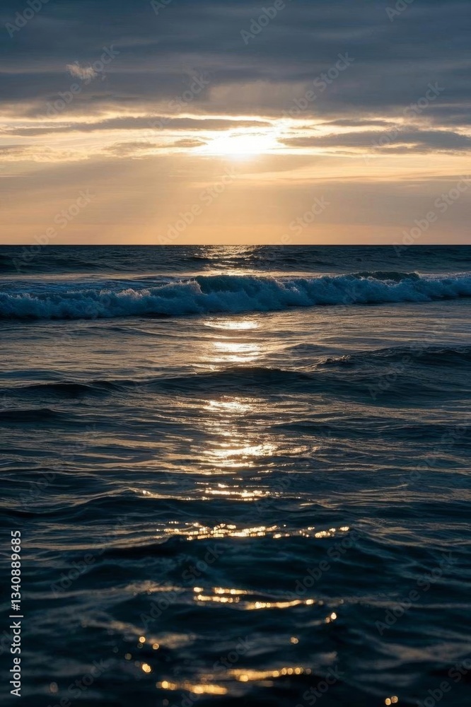 Obraz premium arafed view of a sunset over the ocean with waves