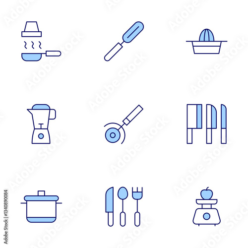 Utensil icons set. Line Duotone style, editable stroke. squeezer, knives, scale, pizza cutter, hood, peeler, mixer, cutlery, cooking pot