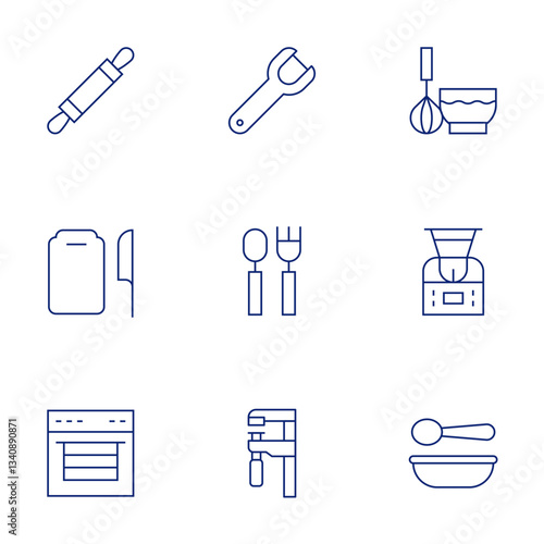 Utensil icons set. Thin Line style, editable stroke. rolling pin, cutting board, oven, peeler, cutlery, vernier caliper, whisk, robot, plate