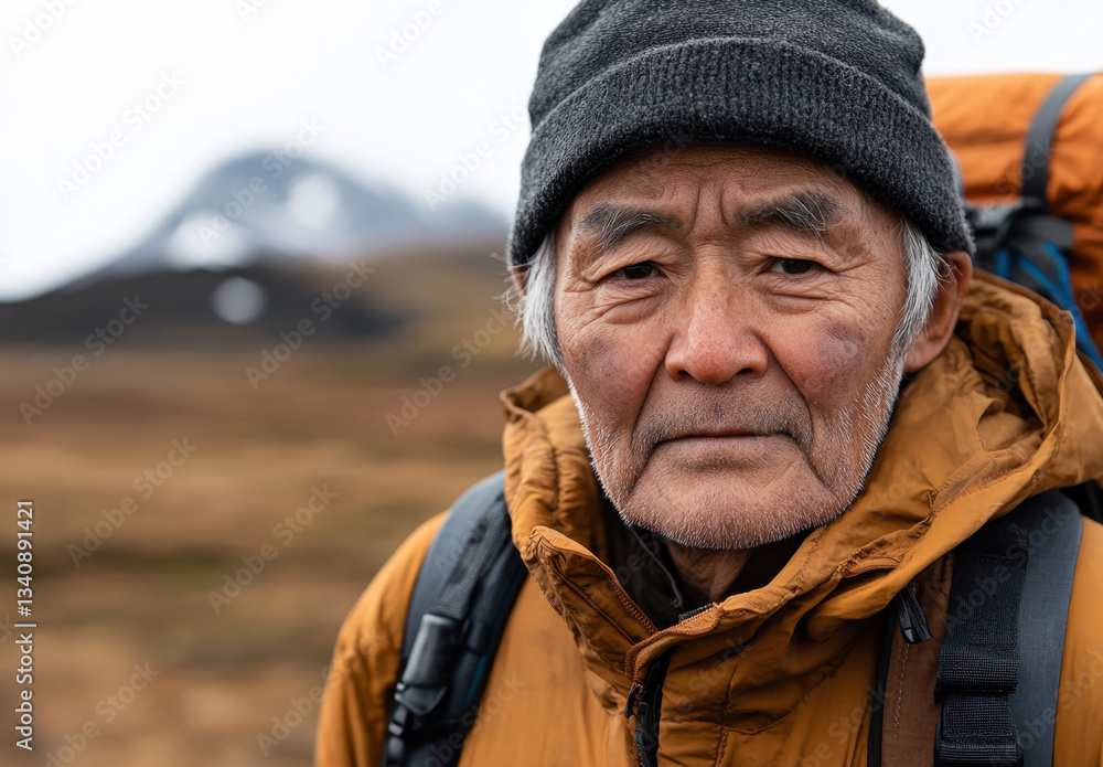 An elderly Japanese man stands confidently on a rocky terrain, wearing a sturdy backpack and a warm hat, surrounded by mountains An elderly Japanese man stands confidently on a rocky terrain, wearing a sturdy backpack and a warm hat, surrounded by mountains