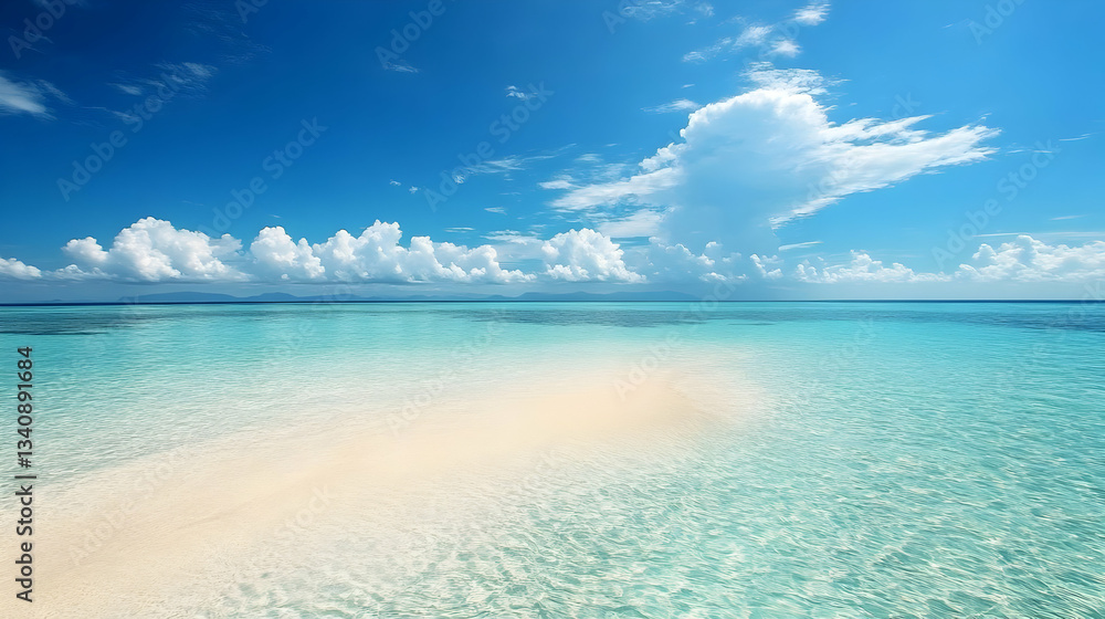 Serene Tropical Beach Landscape: Azure Ocean White Sand Fluffy Clouds Serene Tropical Beach Landscape: Azure Ocean White Sand Fluffy Clouds