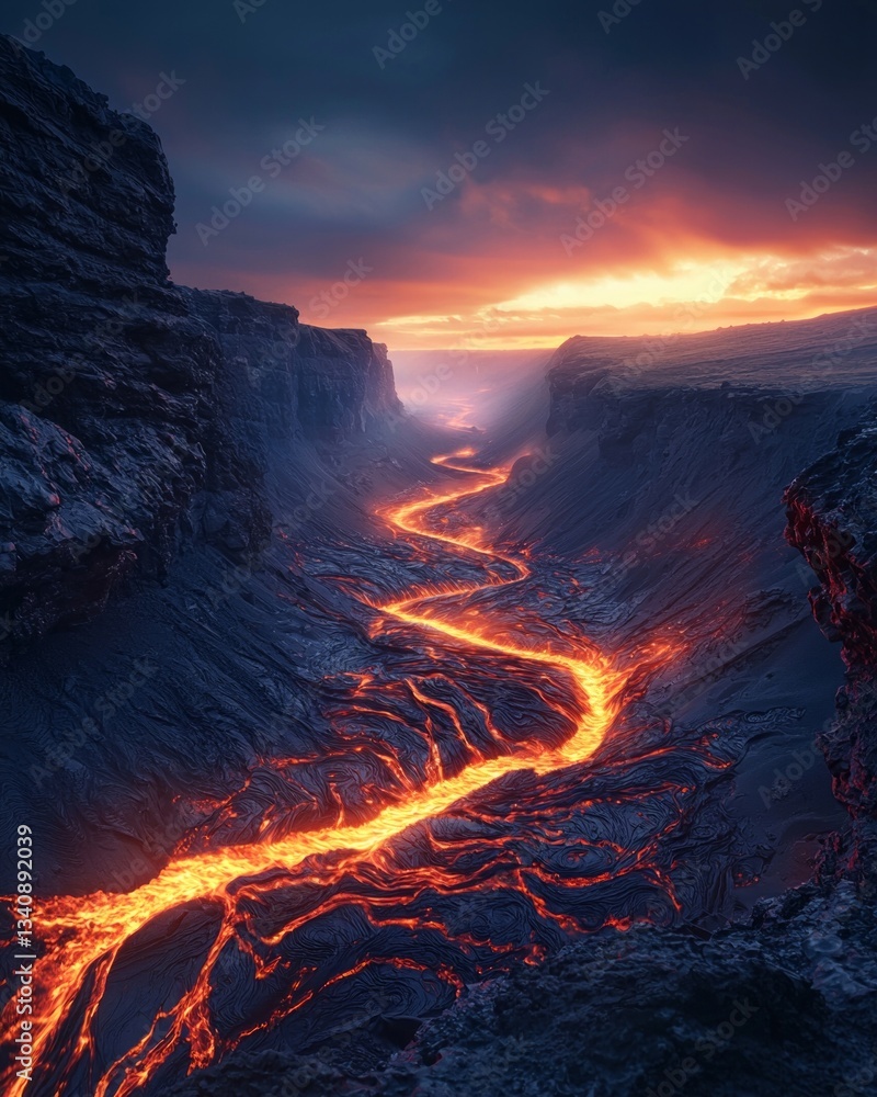 Fototapeta premium a red river of lava flowing through an endless deep canyon