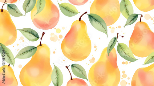 Watercolor pears and leaves seamless pattern on a white background.
