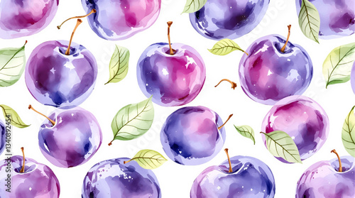 Watercolor pattern plums on white background
