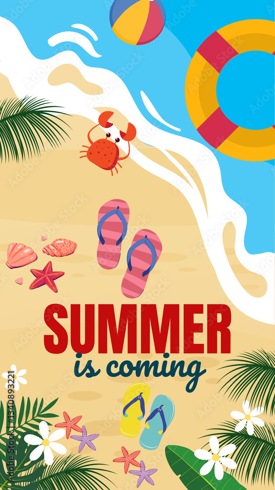 Naklejka premium Summer Beach Vacation with Palm Trees and Ocean Waves