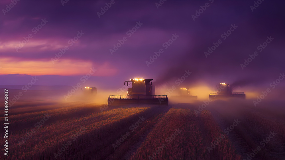 Fototapeta premium Combine Harvesters at Sunset: A Stunning Harvest Scene