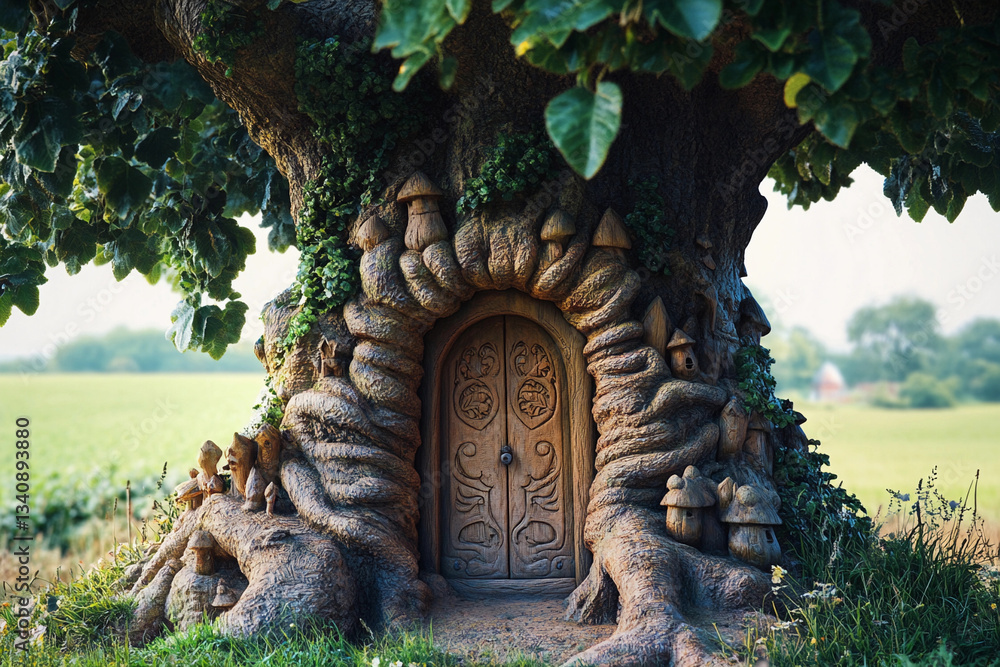 Wooden door carved into a tree trunk surrounded by autumn leaves in a forest setting Wooden door carved into a tree trunk surrounded by autumn leaves in a forest setting