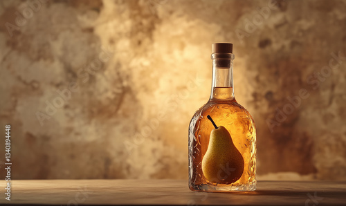 Bottle of spirit with pear inside, alcoholic beverage, generated ai
