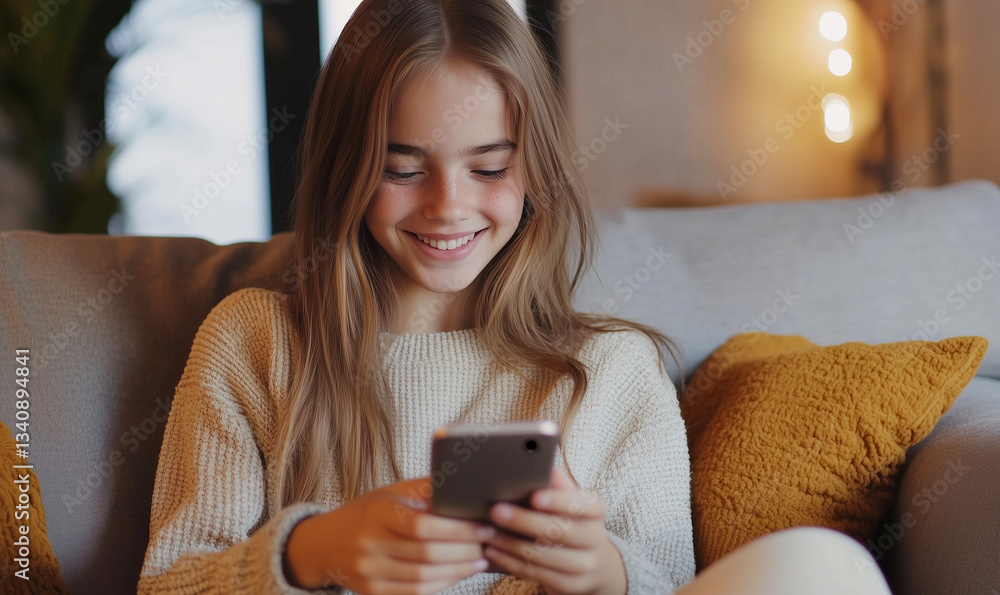 Teenage girl texting on a phone, girl with a phone in his hand, generated ai Teenage girl texting on a phone, girl with a phone in his hand, generated ai
