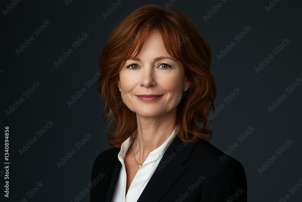 Portrait of a middle aged woman with shoulder length auburn hair, wearing a sharp black suit and white blouse, exuding professionalism and poise Portrait of a middle aged woman with shoulder length auburn hair, wearing a sharp black suit and white blouse, exuding professionalism and poise