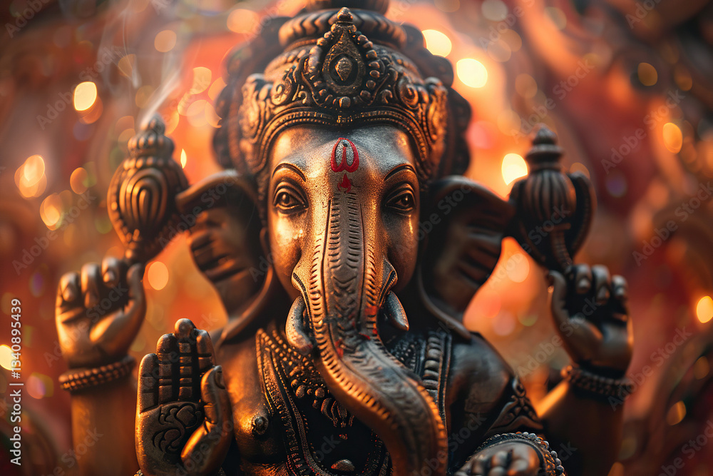 Obraz premium Bright holiday composition for happy Ganesh Chaturthi, abstract vivid composition consists of fictional unreal fantastic vision on background