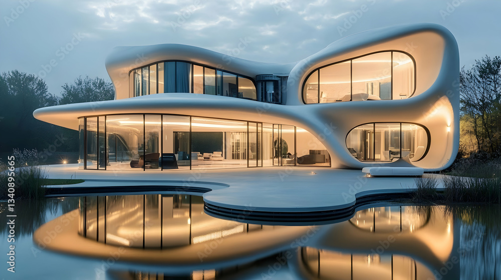 Fototapeta premium Fluid Architectural Design: A Modern Villa with Stunning Water Reflections