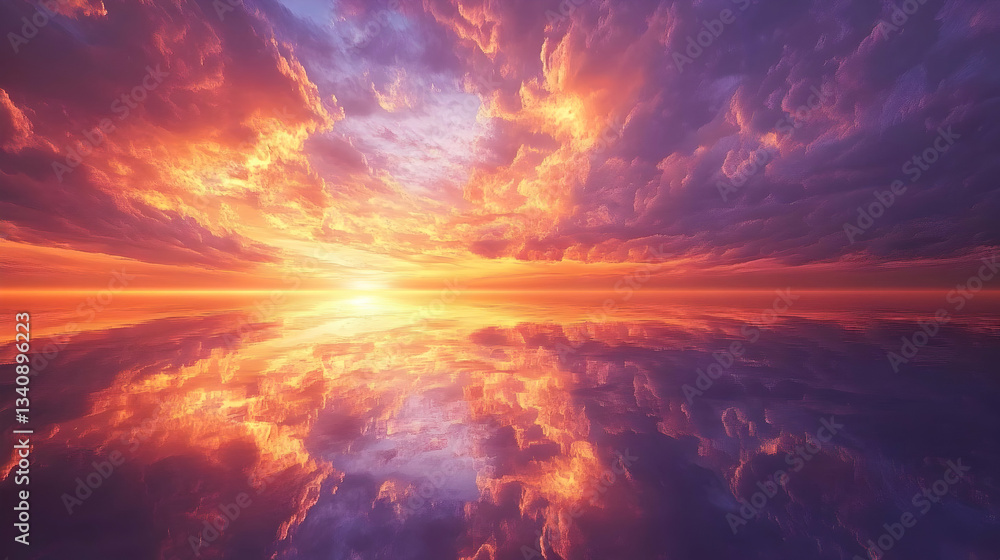 Fototapeta premium Fiery Sunset Landscape: Dramatic Sky and Water Reflection