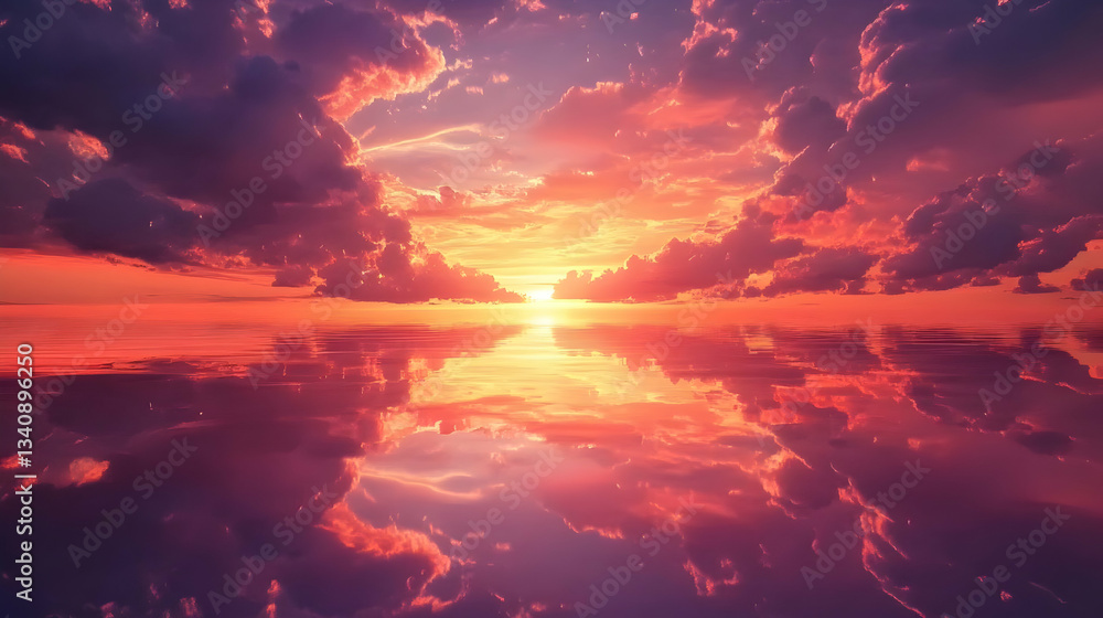 Naklejka premium Majestic Sunset: Fiery Sky Reflected in Calm Waters