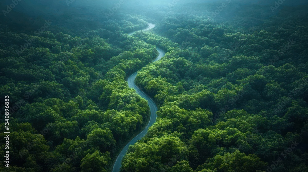 Aerial View of Semi Truck with Cargo Trailer on Winding Road in Lush Green Forest Landscape Aerial View of Semi Truck with Cargo Trailer on Winding Road in Lush Green Forest Landscape