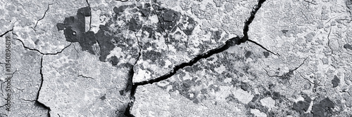 Obraz na płótnie Peeling paint on the wall. Panorama of a concrete wall with old cracked flaking paint. Weathered rough painted surface with patterns of cracks and peeling. Wide panoramic grunge texture for background w salonie