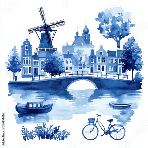 Watercolor Illustrations of Dutch Culture with Windmills Houses Bridges and Bicycles