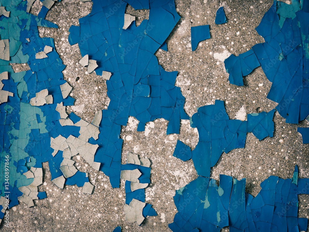 Blue peeling paint on the wall. Old concrete wall with cracked flaking paint. Weathered rough painted surface with patterns of cracks and peeling. Grunge texture for background and design.
