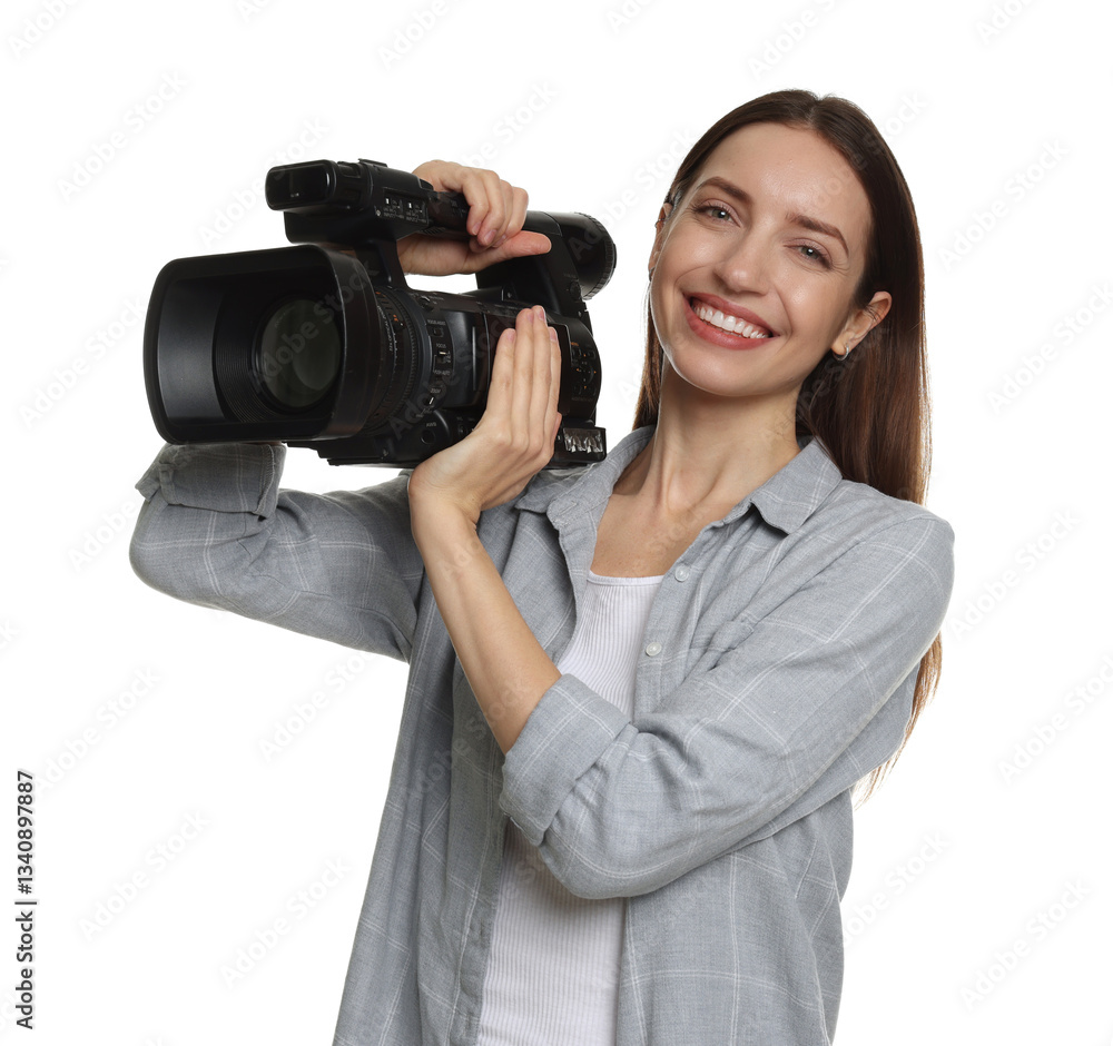 Happy woman with professional video camera on white background Happy woman with professional video camera on white background