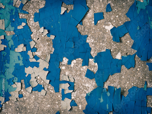Blue peeling paint on the wall. Old concrete wall with cracked flaking paint. Weathered rough painted surface with patterns of cracks and peeling. Grunge texture for background and design.