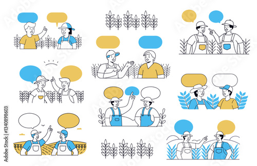 two farmers conversational scenarios speech bubbles set against agricultural backgrounds communication collaboration, farm harvest farming rural