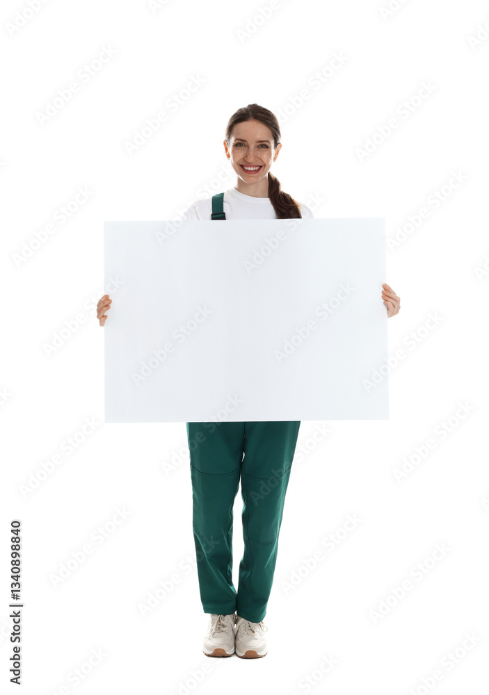 Smiling cleaning service worker with sheet of paper on white background. Space for text Smiling cleaning service worker with sheet of paper on white background. Space for text