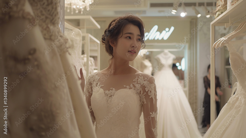 Naklejka premium Asian bride trying on a wedding dress in a boutique.