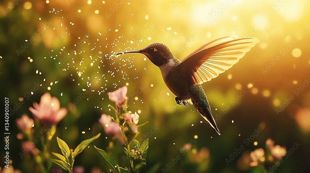 Naklejka premium A hummingbird sips nectar from vibrant blossoms on a sunny day