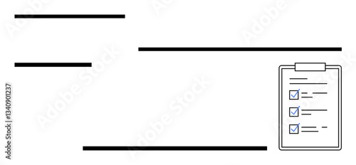Clipboard with checklist featuring marked tasks, surrounded by abstract lines. Ideal for productivity, planning, organization, priorities, task management, efficiency focus. Flat simple metaphor
