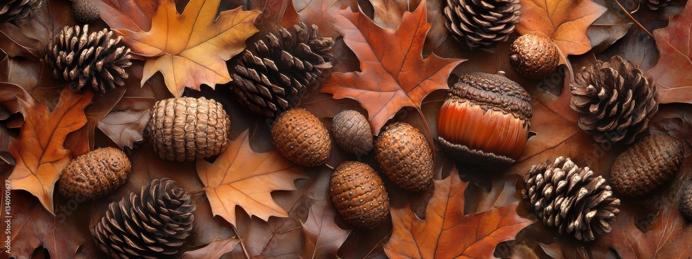 Scattered collection of acorns, chestnuts, and pinecones among autumn leaves creating a cozy natural atmosphere Scattered collection of acorns, chestnuts, and pinecones among autumn leaves creating a cozy natural atmosphere