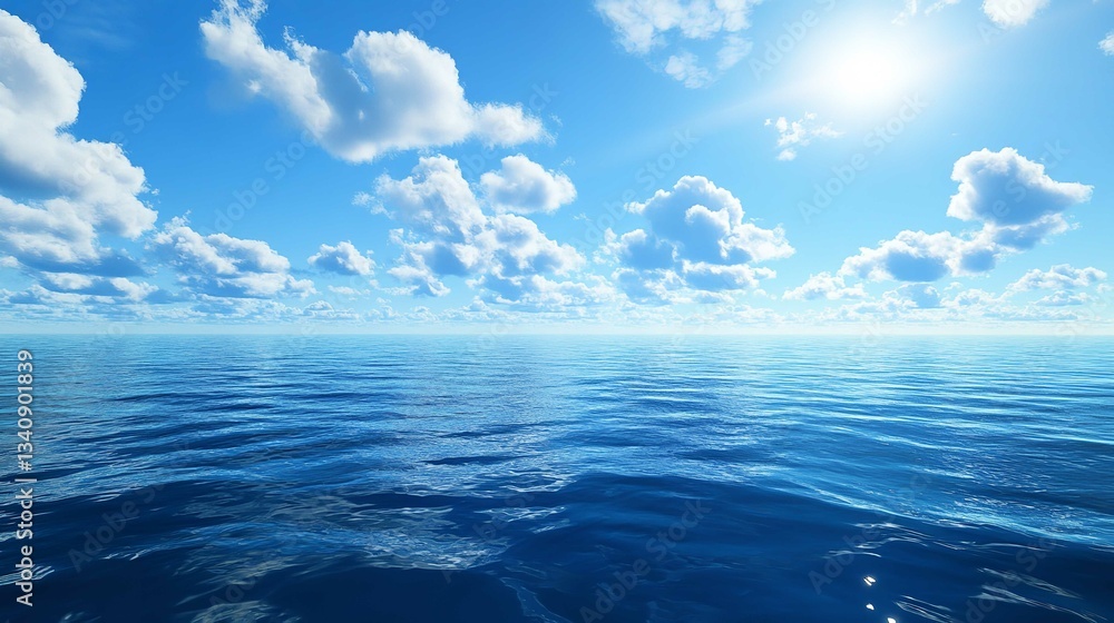 Fototapeta premium Serene Ocean View with Crystal Clear Waters, Bright Sunlight, and Soft White Clouds Stretching Across the Blue Sky