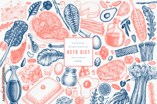 Keto Diet Design Template. Vector Hand Drawn Healthy Food Banner. Vintage Style Ketogenic Menu Illustration.