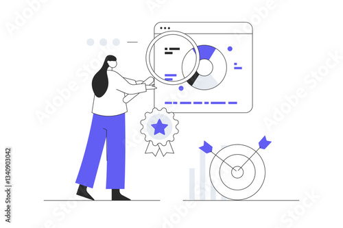 Benchmarking concept. Benchmark business development. Analysis financial statistics, data, graph, chart, report of a leader competitor's company. Flat Cartoon Vector Illustration, icon. Stylish web