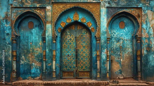 The blue building has three arched doors with gold trim