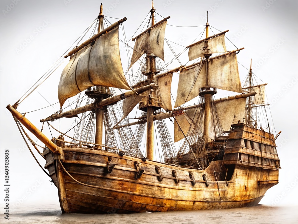 Naklejka premium Vintage Sailing Ship: Aged Wooden Vessel with Tattered Sails on White