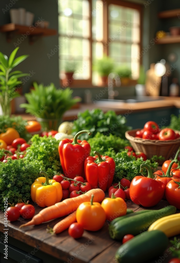colorful vibrant ingredient arrangements displayed rustic wooden kitchen table surrounded fresh herbs, vibrancy, vegetables, fruits, culinary, natural, organic colorful vibrant ingredient arrangements displayed rustic wooden kitchen table surrounded fresh herbs, vibrancy, vegetables, fruits, culinary, natural, organic