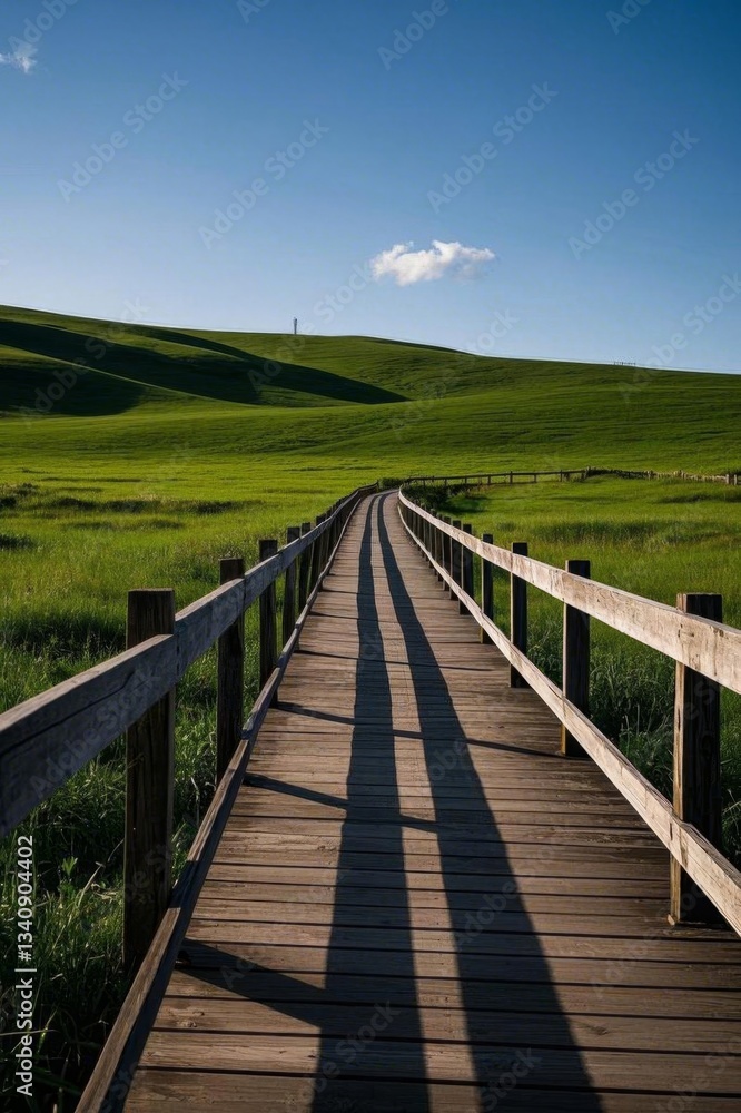 arafed wooden bridge over a grassy field with a blue sky arafed wooden bridge over a grassy field with a blue sky
