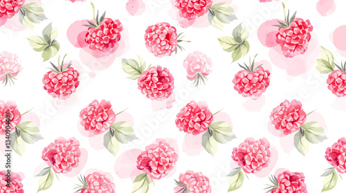 Watercolor pattern featuring raspberries white background